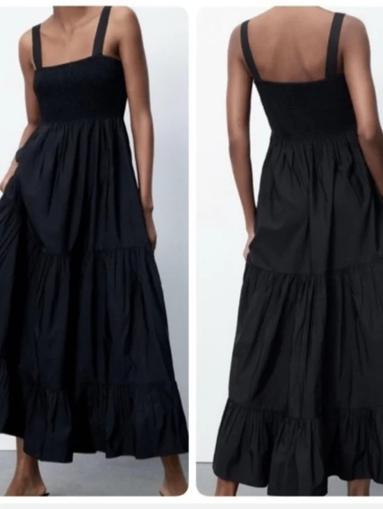 Zara Women's Black Smocked Bodice Sleeveless Tiered Maxi Dress Med Summer Casual - Picture 1 of 11